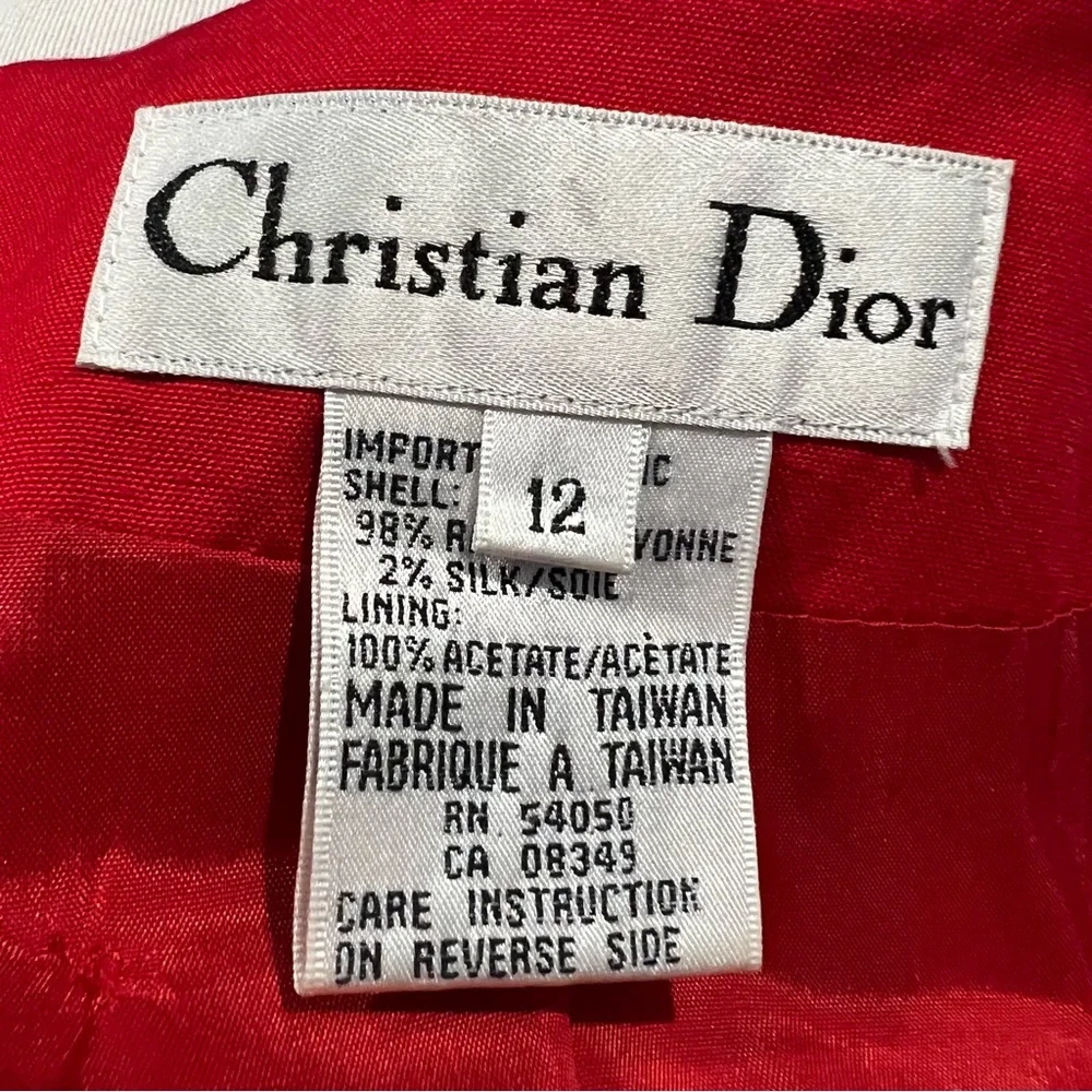Vintage Christian Dior 70s Red White Trim Silk Blazer Jacket Skirt Suit Set 12